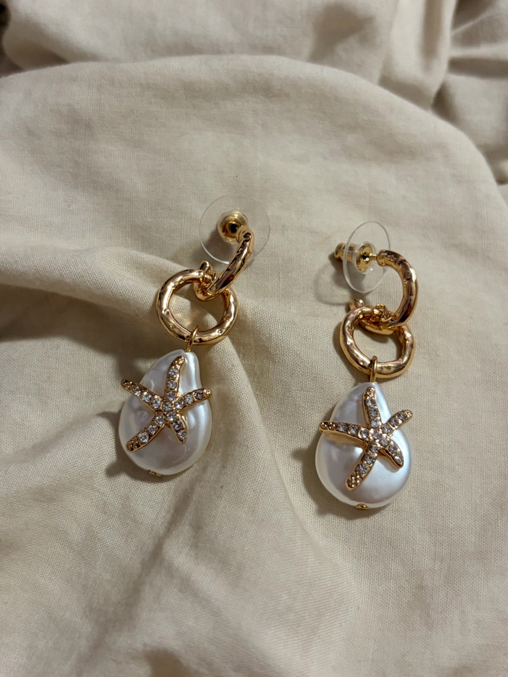 Gold Tone Baroque Pearl and Paved Crystal Starfish Dangle Earrings